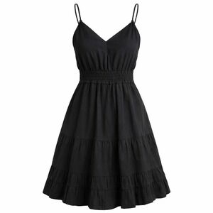 Black Tiered Ruffle Mini Dress L Spaghetti Strap Cinch Waist Boho Fairy Festival